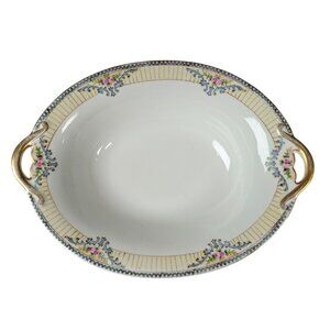 Noritake Japan Handled Oval Serving Bowl With Floral Design & Gold Trim